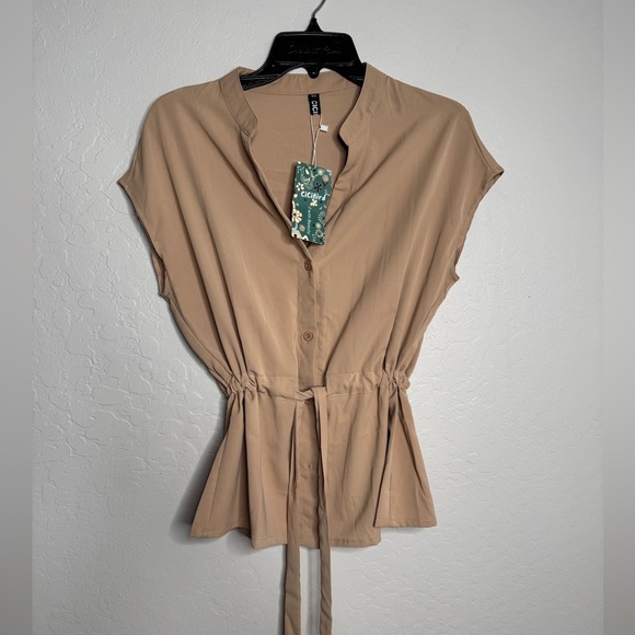 Cicibird Women's Solid Color Casual Button Up Sleeve Chiffon Blouse with Ruffle - Picture 3 of 8